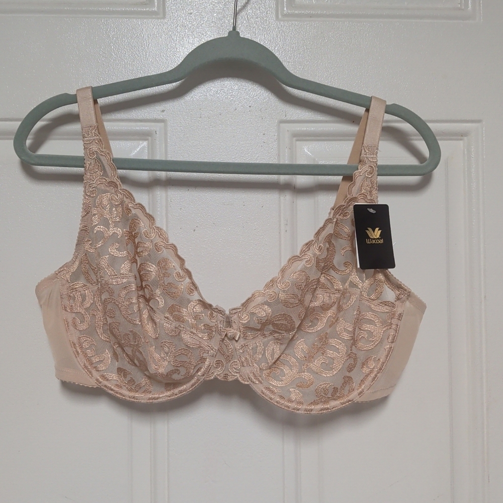 WACOAL Size 40D Bra Beige Tan Lace Unlined Underwire See Through Arabesque